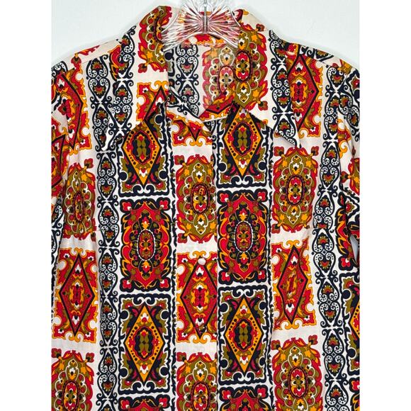 Vintage 1970s Bold Print Cotton dagger collar Shirt Boho Mod Festival medium - Picture 2 of 13
